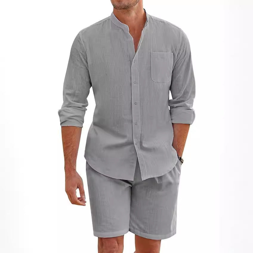 Cotton Linen Long Sleeve Shirt Shorts Suit