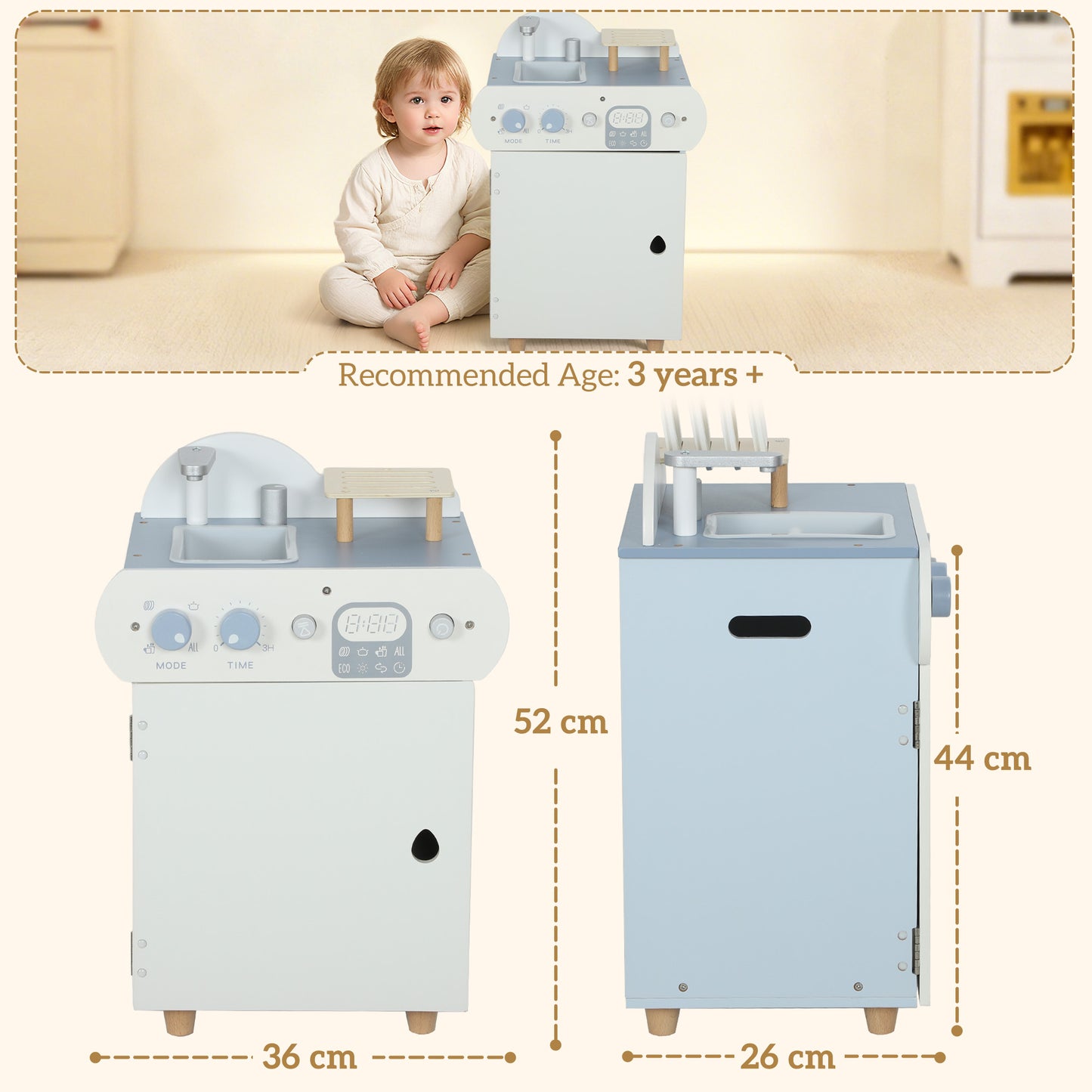Wooden Dishwasher Playset, Kitchen Sink Toys With Faucet, Sink And Accessories
