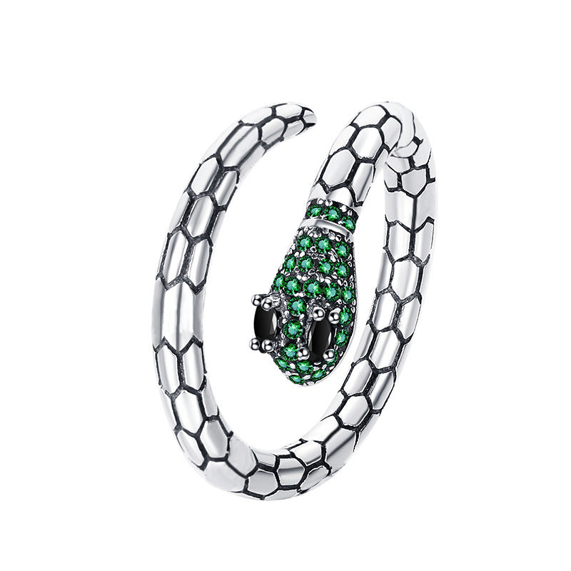 S925 Silver Emerald Zircon Snakes Ring