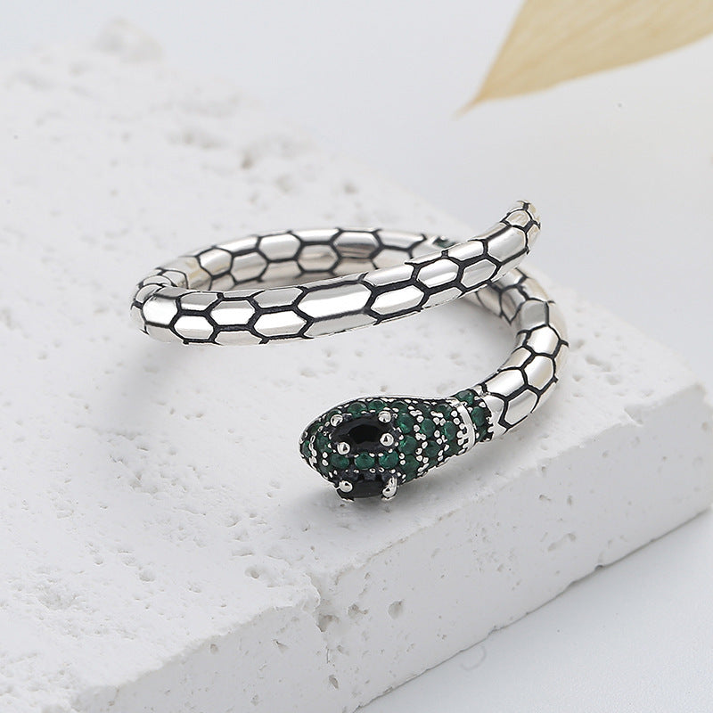 S925 Silver Emerald Zircon Snakes Ring