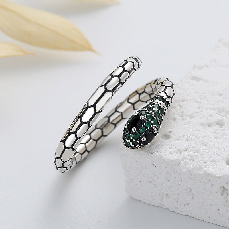 S925 Silver Emerald Zircon Snakes Ring