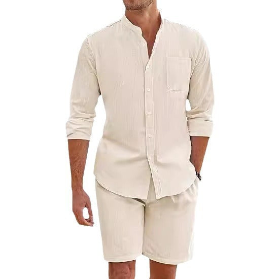 Cotton Linen Long Sleeve Shirt Shorts Suit