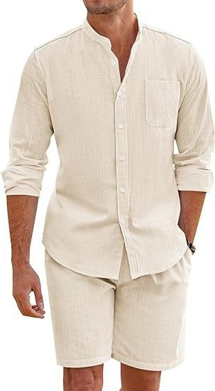 Cotton Linen Long Sleeve Shirt Shorts Suit