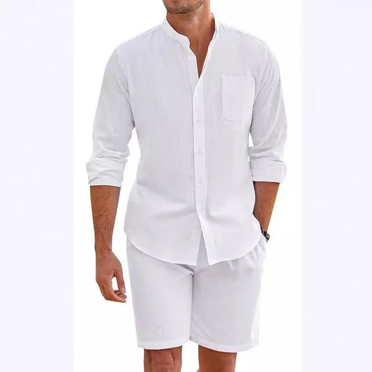 Cotton Linen Long Sleeve Shirt Shorts Suit