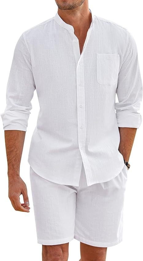 Cotton Linen Long Sleeve Shirt Shorts Suit