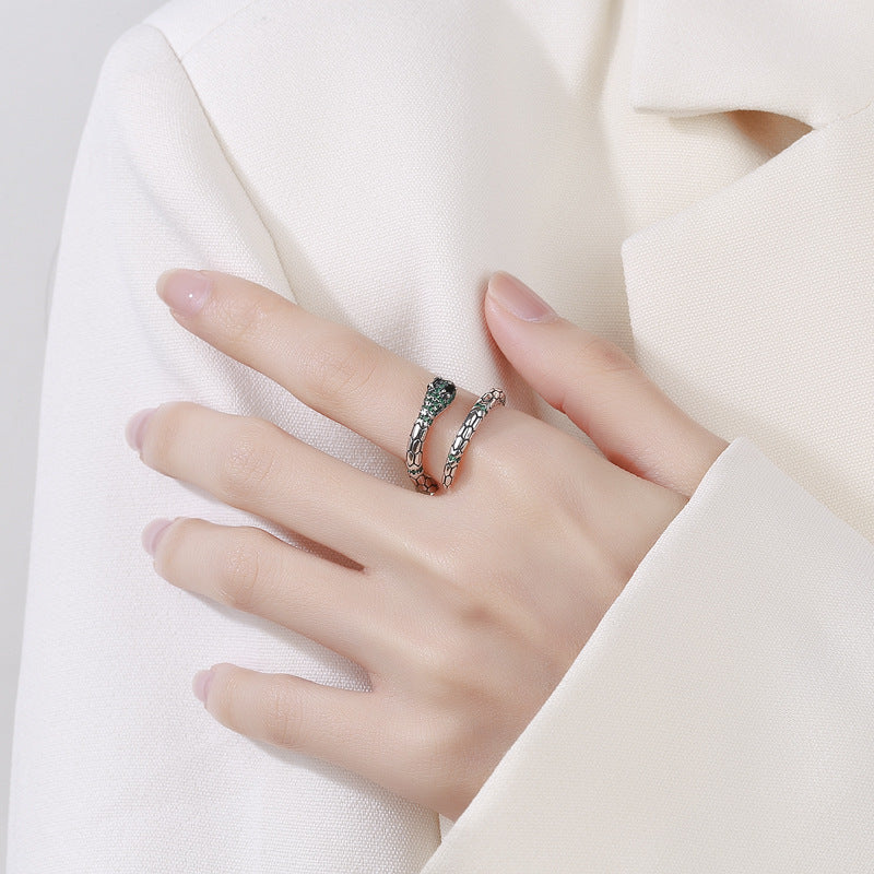 S925 Silver Emerald Zircon Snakes Ring