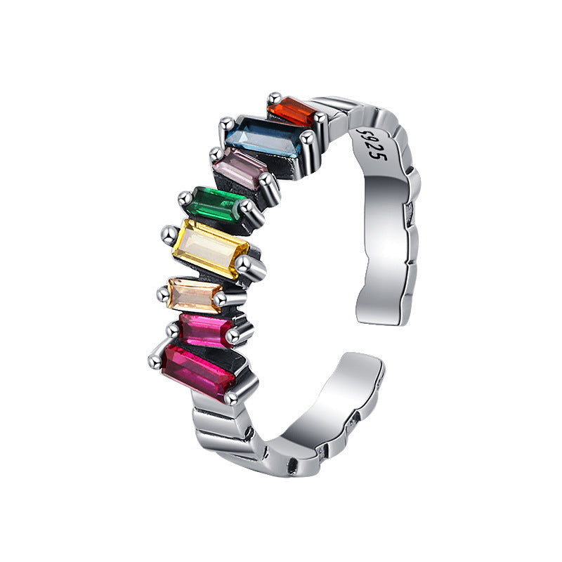 S925 Sterling Silver Colorful Ladder Zircon Ring