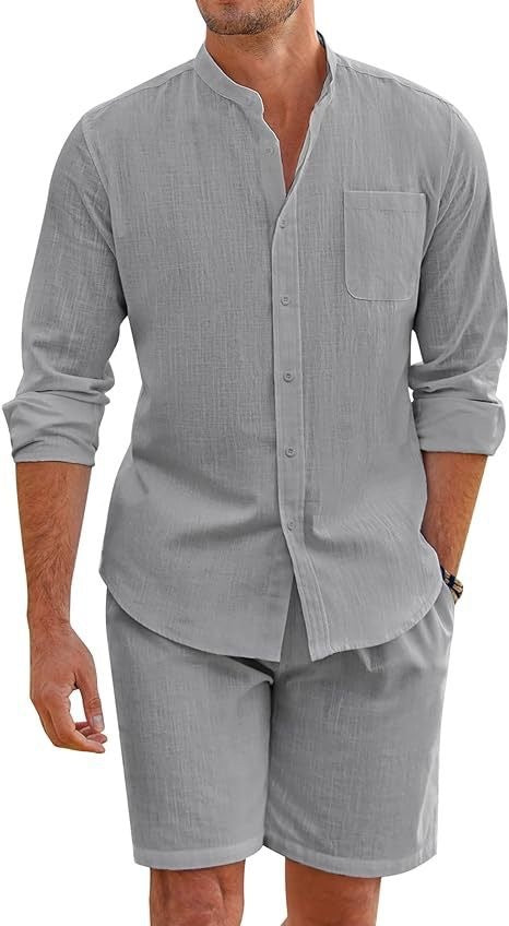 Cotton Linen Long Sleeve Shirt Shorts Suit