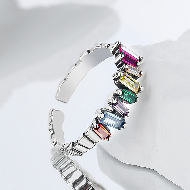 S925 Sterling Silver Colorful Ladder Zircon Ring