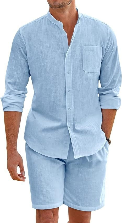 Cotton Linen Long Sleeve Shirt Shorts Suit