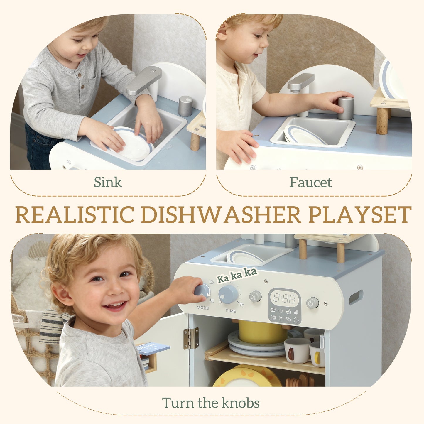 Wooden Dishwasher Playset, Kitchen Sink Toys With Faucet, Sink And Accessories