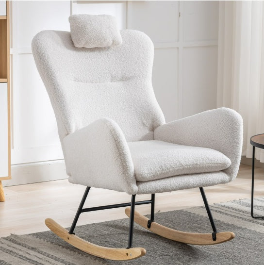 Rocking Chair With Pockets, Soft Teddy Fabric Rocking Chair For Nursery, Comfortable Wingback Golider Rocking Chair