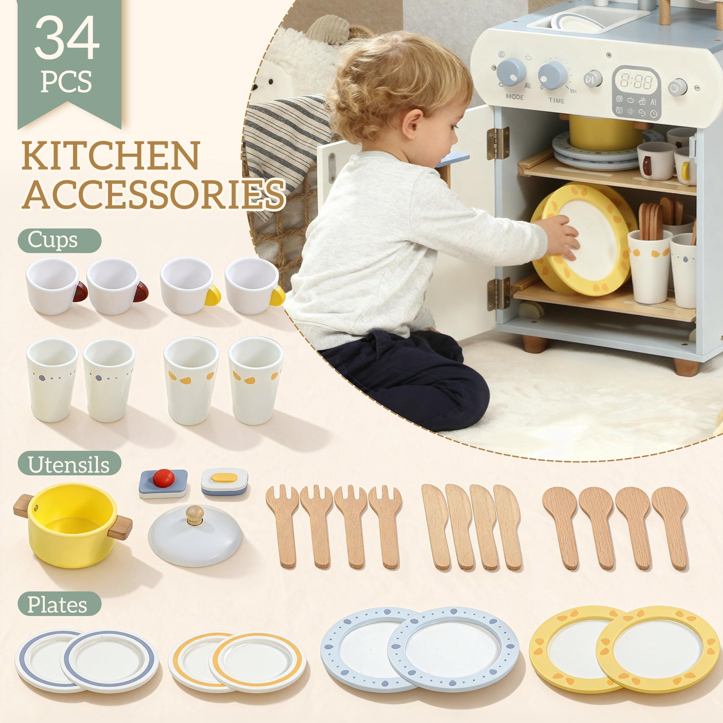 Wooden Dishwasher Playset, Kitchen Sink Toys With Faucet, Sink And Accessories