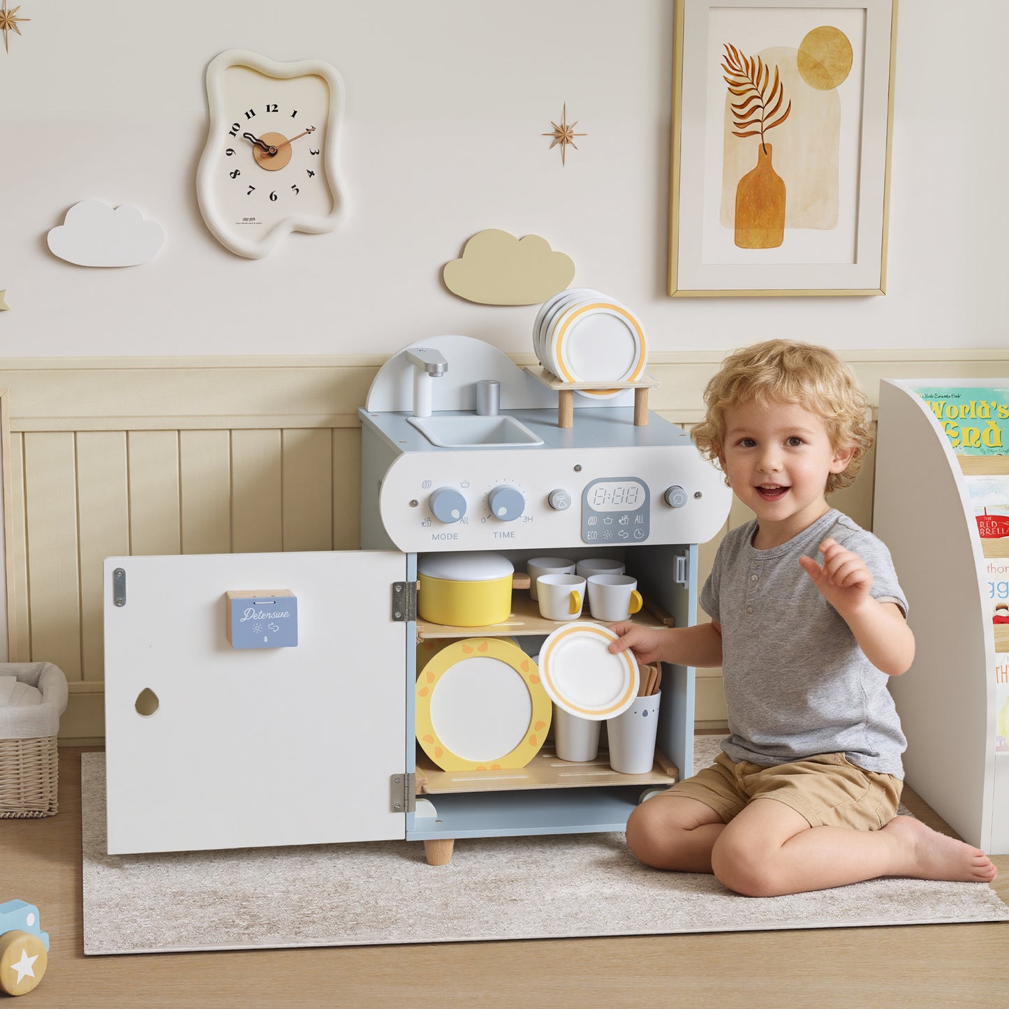 Wooden Dishwasher Playset, Kitchen Sink Toys With Faucet, Sink And Accessories