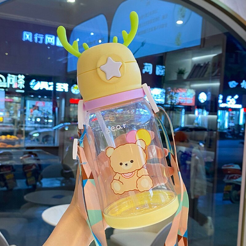 Large Capacity Antlers Plastic Cup Cartoon Drinking Cup Students Go Out Cup With Straw