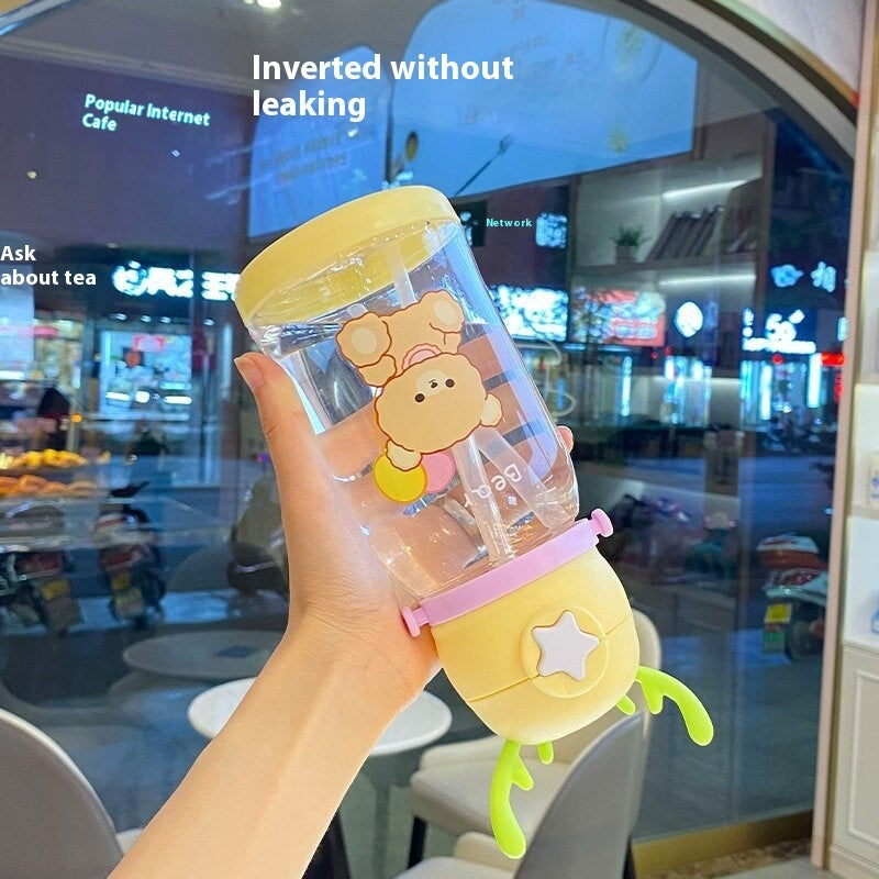 Large Capacity Antlers Plastic Cup Cartoon Drinking Cup Students Go Out Cup With Straw