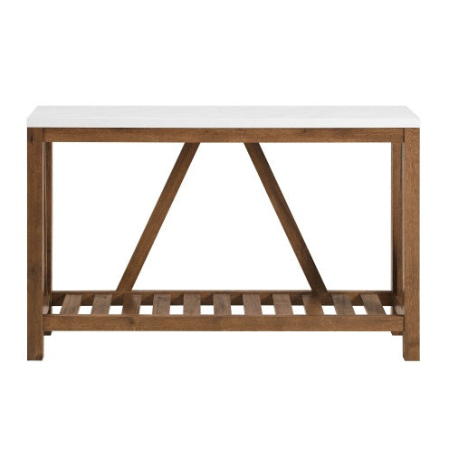 Farmhouse A-Frame Faux Marble Entry Table With Lower Shelf - Faux White Marble