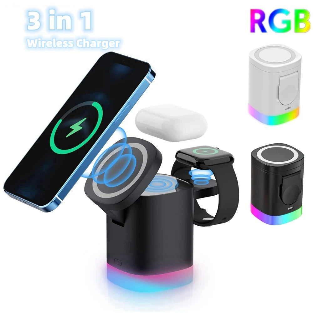 3 In 1 Magnetic Wireless Fast Charger For Smart Phone, Airpods & IWatch