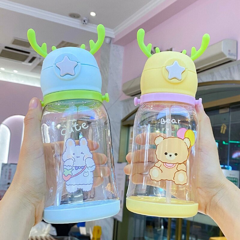 Large Capacity Antlers Plastic Cup Cartoon Drinking Cup Students Go Out Cup With Straw