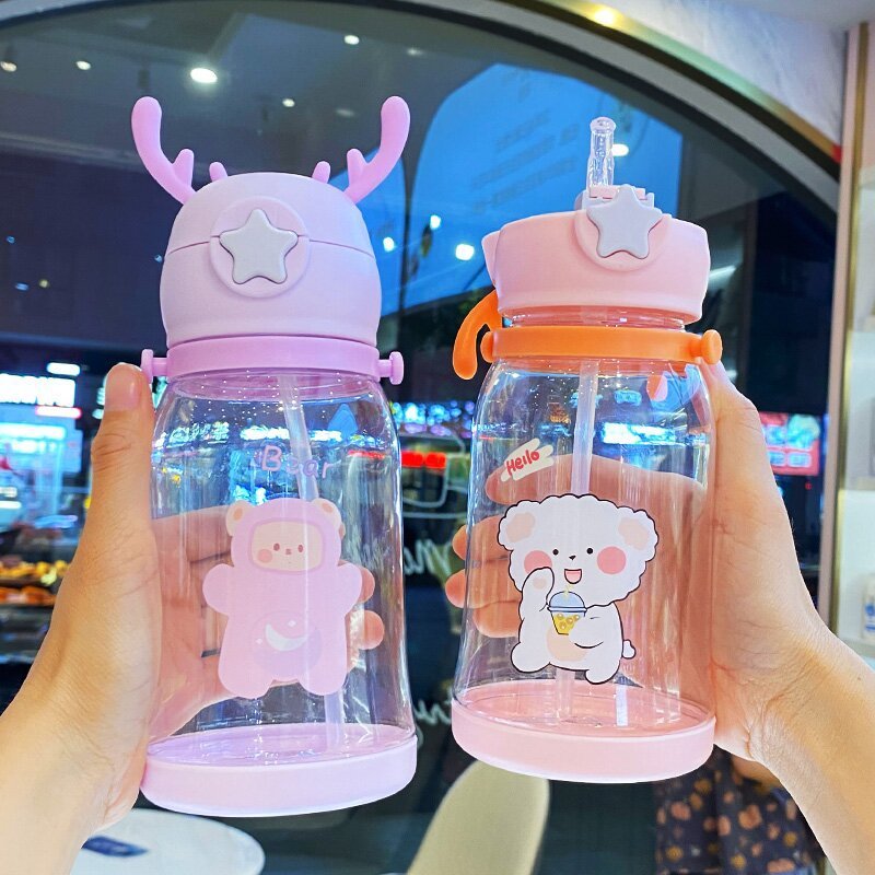 Large Capacity Antlers Plastic Cup Cartoon Drinking Cup Students Go Out Cup With Straw