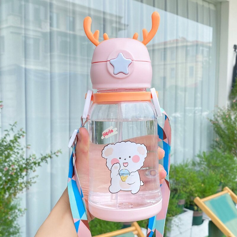 Large Capacity Antlers Plastic Cup Cartoon Drinking Cup Students Go Out Cup With Straw