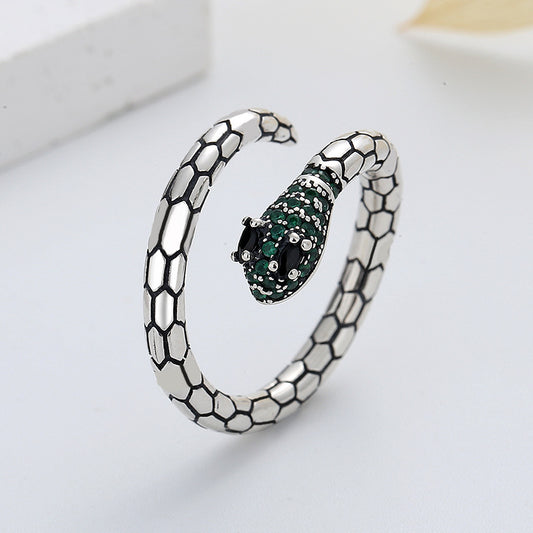 S925 Silver Emerald Zircon Snakes Ring