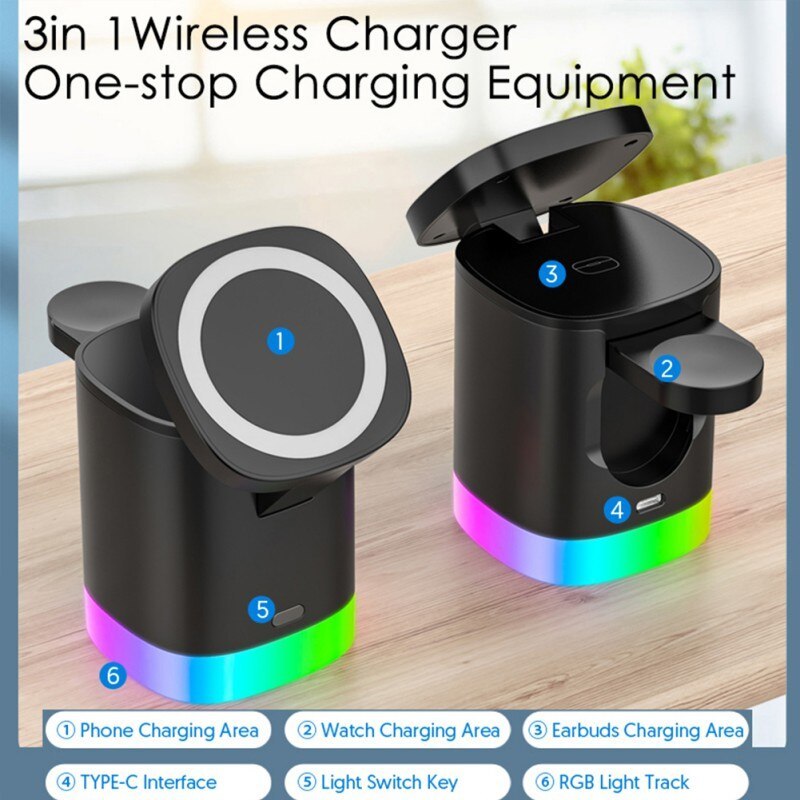 3 In 1 Magnetic Wireless Fast Charger For Smart Phone, Airpods & IWatch